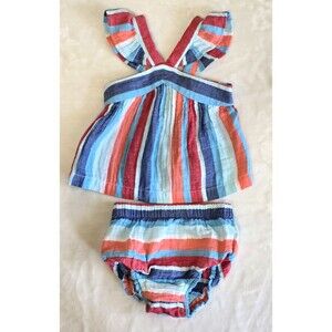 Cat & Jack Baby Girl's Red & Blue Gauze Top & Bottom Set Size 6-9 months